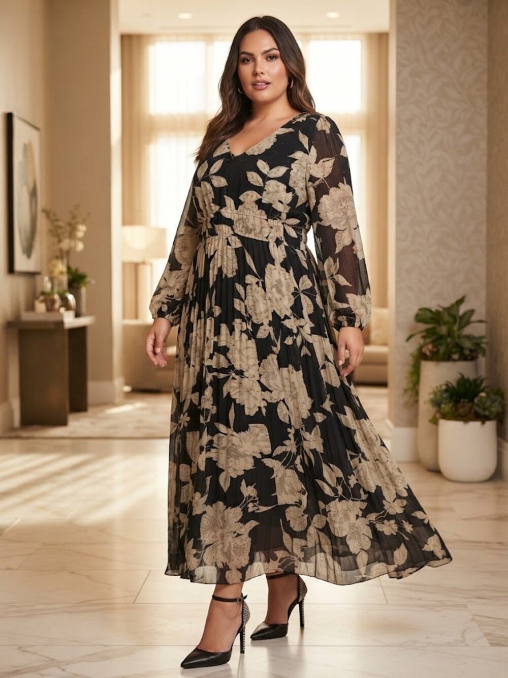 Taylor Floral Chiffon V-Neck Pleated Maxi Dress – Size 16 NWT